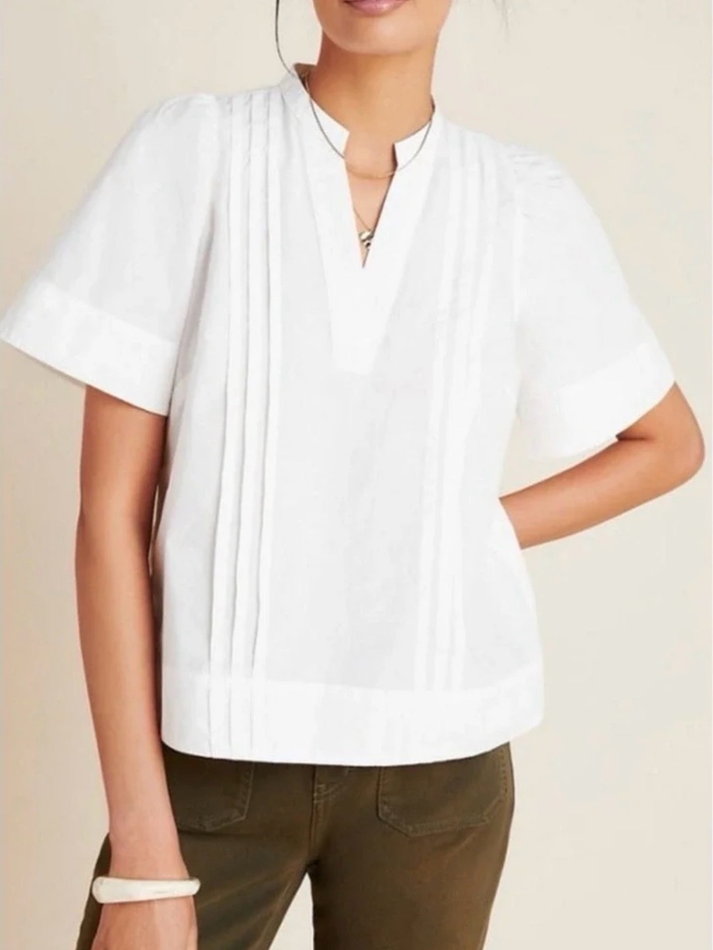 Anthropologie Mauve White V Neck Pintuck Top Size XSmall
